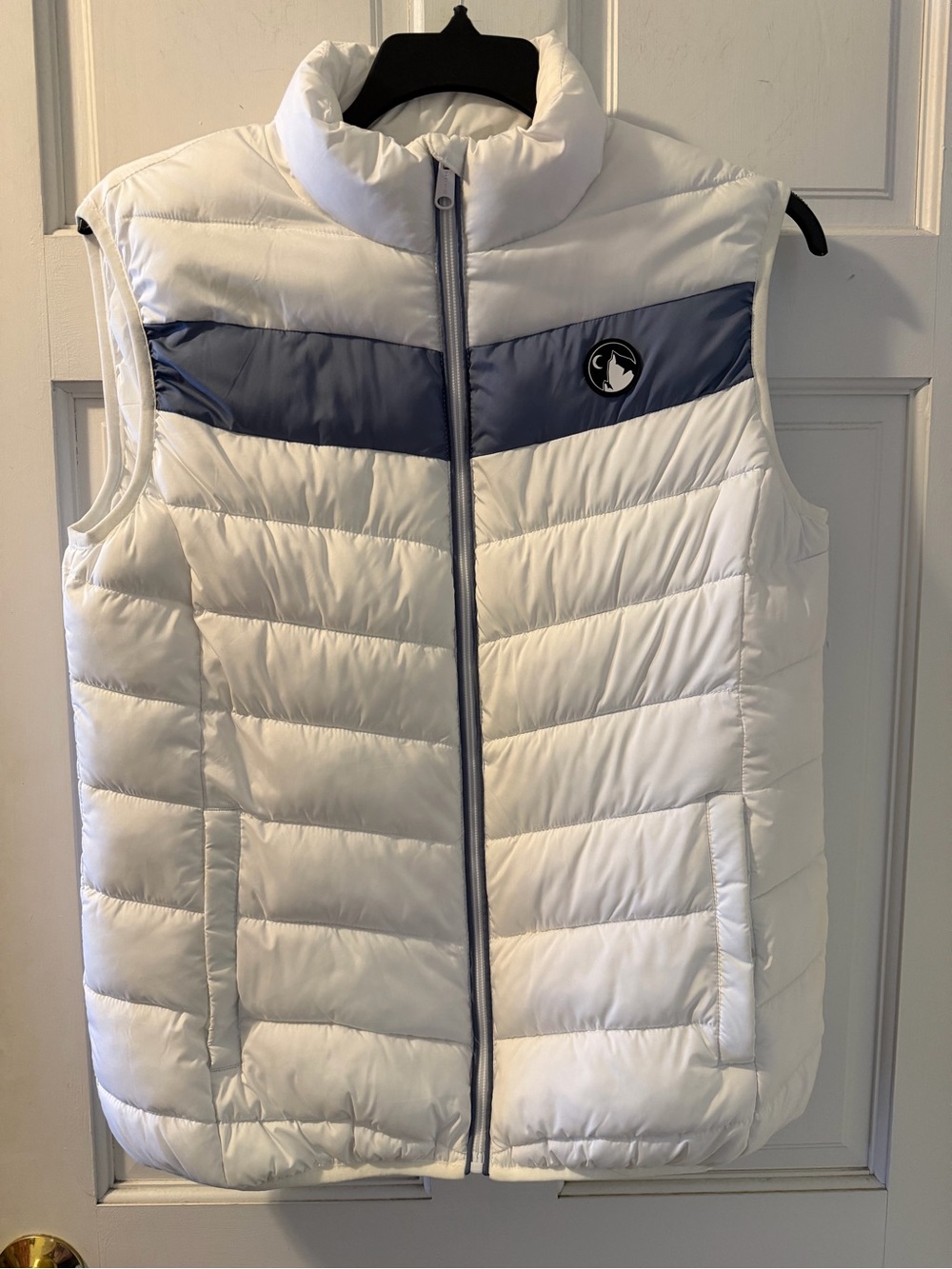 ZYIA Active White Puffer Vest with Blue stripe and Black Logo